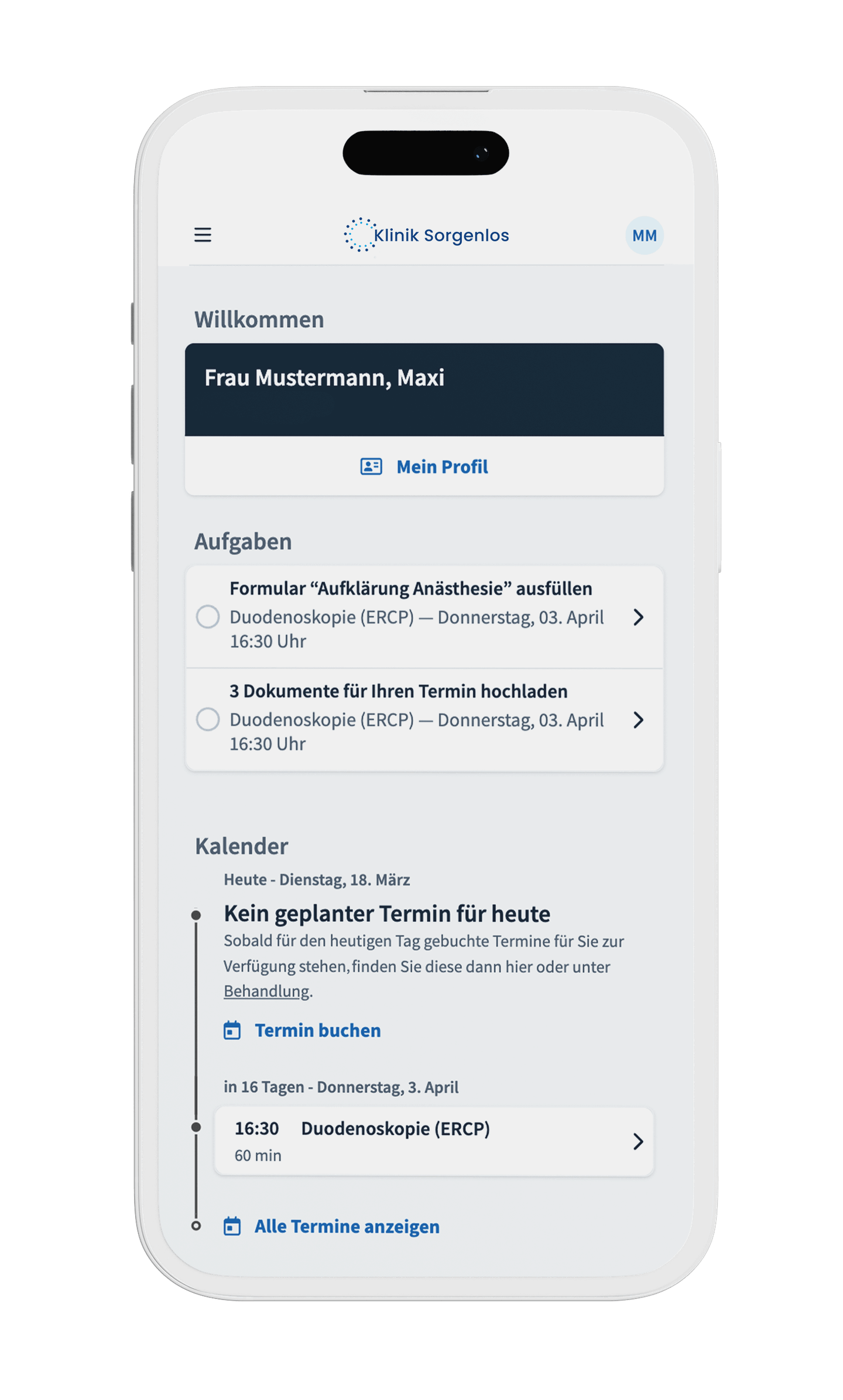 Patientenportal Krankenhaus samedi Übersicht Patientenkonto